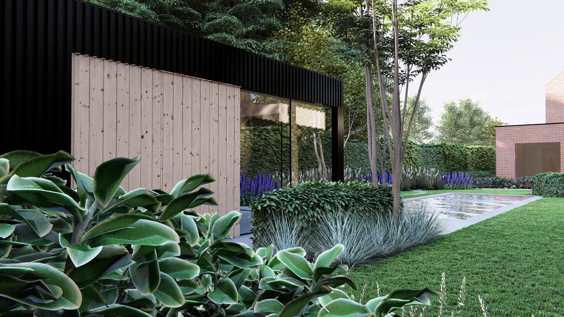 Gelaagde tuin met zwembad en groene privacy met paviljoen en dichte beplanting