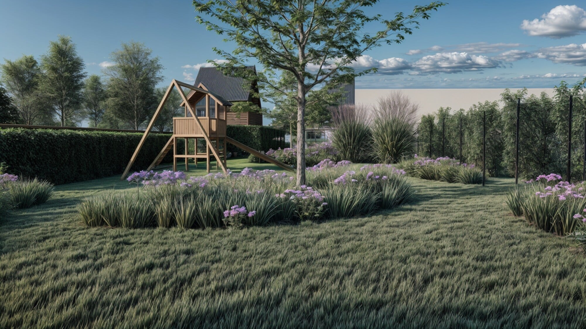 Structuurrijke gezinstuin met groenaccenten en speelse beplanting in een gezinsvriendelijke tuin