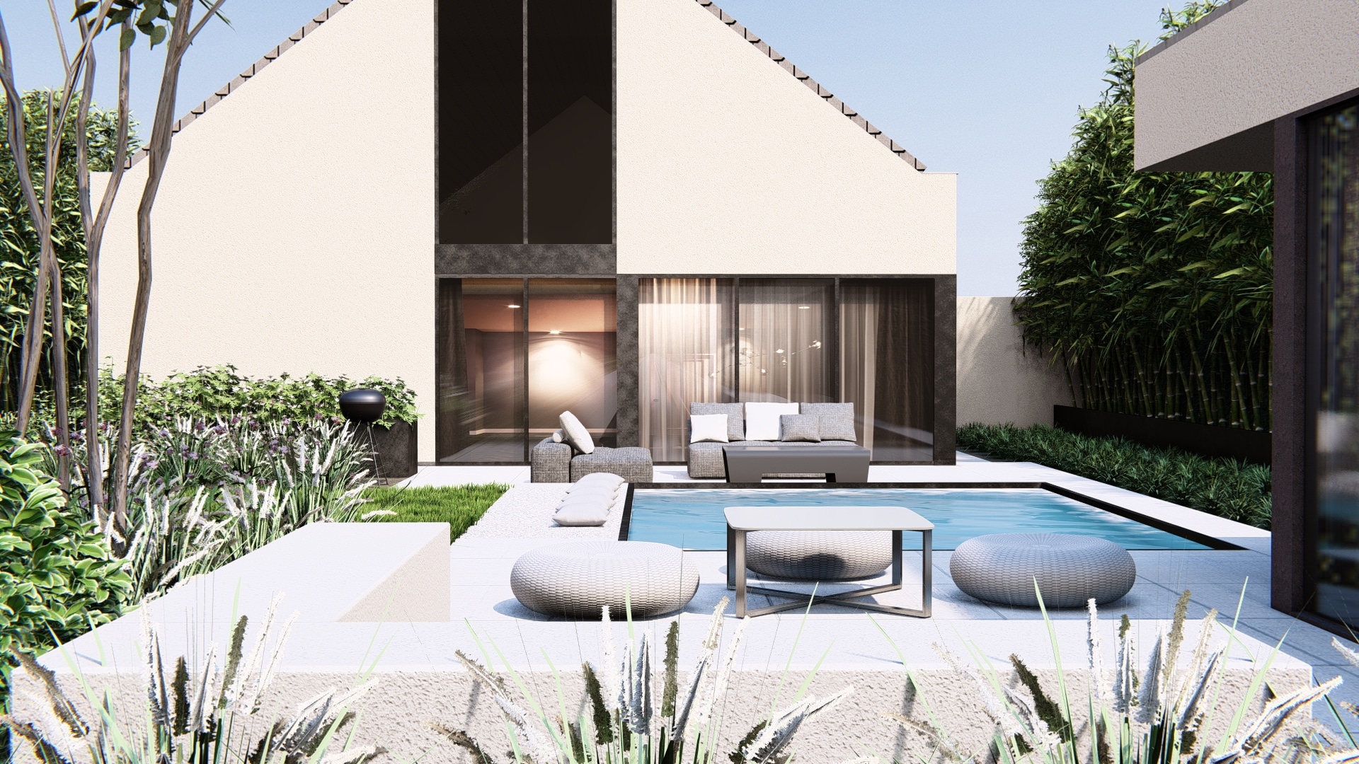 Tijdloze buitenruimte met terras en zwembad met loungehoek en zicht op de woning